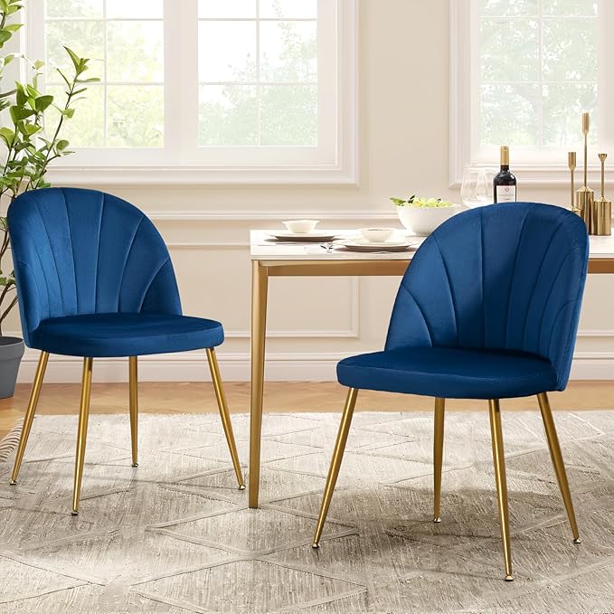 Velvet Dining Chairs Set of 6, Upholstered Mid Century Modern Dining Chairs, Armless Accent Chair with Metal Gold Legs for Living Room, Kitchen, Dining Room, Blue