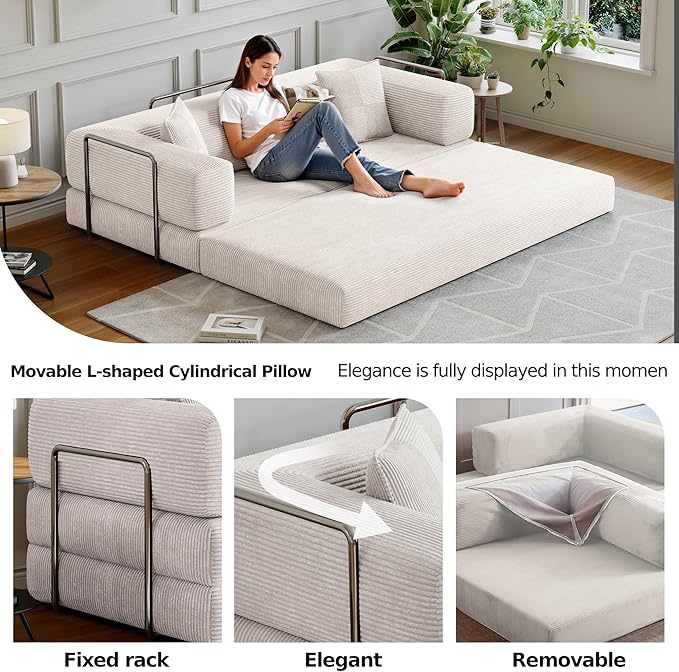 78.8''Convertible Sleeper Sofa Bed,Compressed Floor Boneless Couch,Modular Modern Corduroy Sofa for Living Room Bedroom -with Fixed-Shape Frame and Support Armrest,Easy Assembly(White