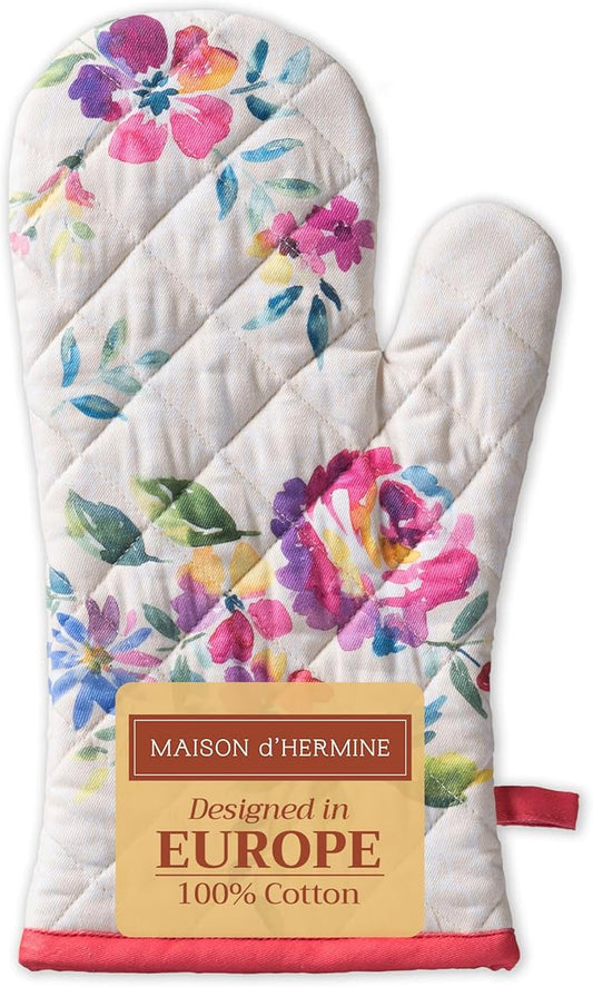 Maison d' Hermine Oven Gloves 100% Cotton Oven Mitt 7" x 13" with Loop Heat Resistant, BBQ, Cooking Gloves, Baking, Grilling, Kitchen, Handling Hot Pans Spring/Summer (Pack of 1, Rose Garden)