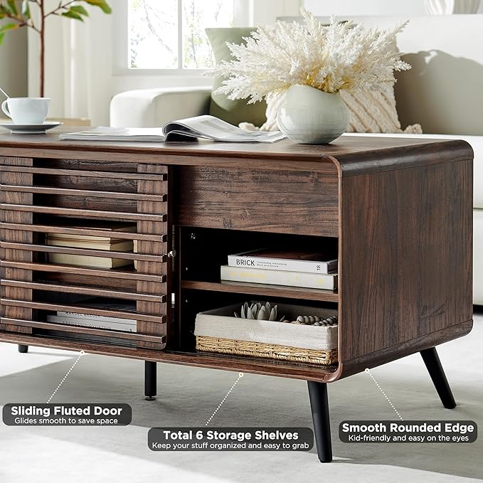 RedLemon 48" Lift Top Coffee Table with Slatted Sliding Door, Mid Century Modern Center Table with Hidden Storage Compartment,Lifting Tabletop & Adjustable Shelf for Living Room, Office, Dark Walnut