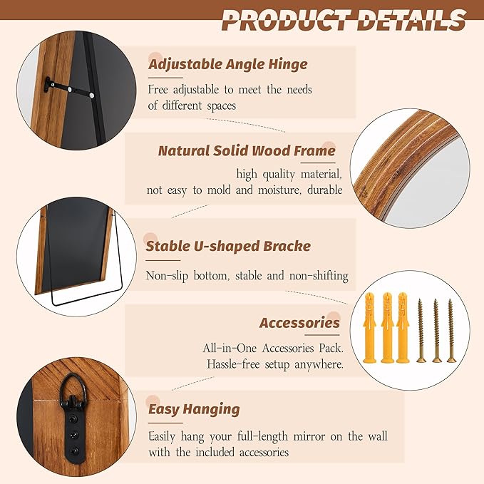 Antok Full Length Mirror 82"×44" Floor Mirror Standing Tall Mirror, Arched Stand up Large Wall Mirrors, Freestanding Full Body Mirrors for Bedroom Living Room Wood Vintage Style Brown