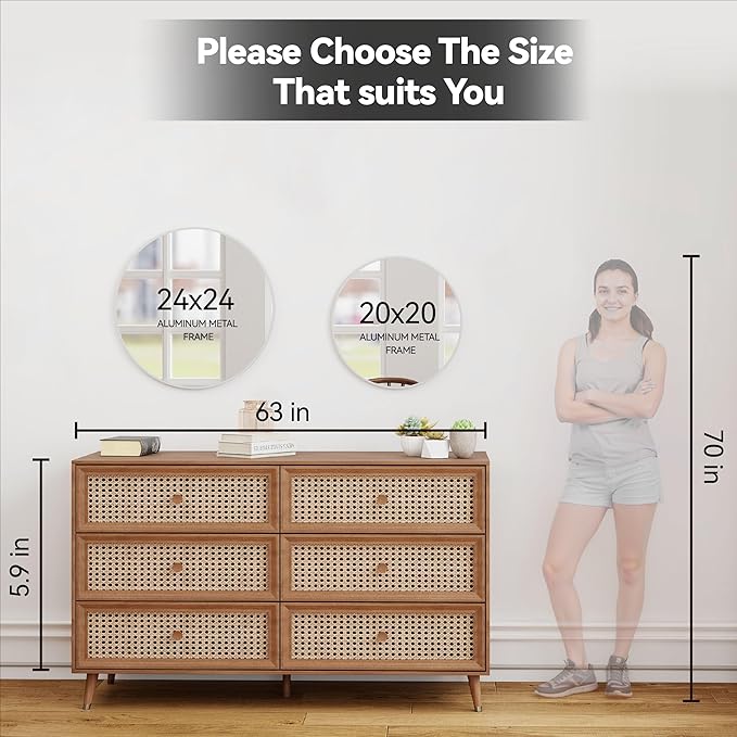 24" Round Mirror Circle Wall Mounted Hanging or Against Wall Aluminum Alloy Metal Frame Dressing Make-up Mirrors for Entryway Bedroom Bathroom Living Room 24 inch Silver