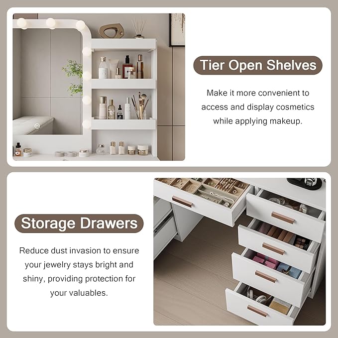 Makeup Vanity with Mirror and LED Lights, Vanity Desk Table with 9 Drawers, 6 Storage Shelves with Protect Panel, Power Outlet and 3 Color Modes Available for Bedroom Dressing Room, White