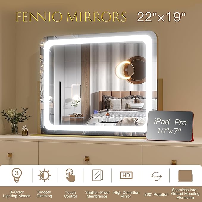FENNIO Gold Vanity Mirror with Lights 22"x19", LED Lighted Makeup Mirror, Large Makeup Mirror, Make up Mirror with Lighting,Touch Screen with 3-Color Lighting,Dimmable,for Vanity Desk Tabletop