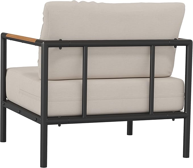 Flash Furniture Lea Indoor/Outdoor Patio Chair with Cushions - Modern Aluminum Framed Chair with Teak Accented Arms, Black with Beige Cushions