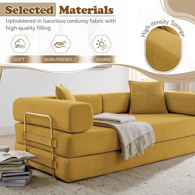Antetek Convertible Futon Sofa Bed, 3-Seater Modern Corduroy Foam Floor King Size Bed Foldable Sleeper Lounge Loveseat Sofa Couch with 2 Throw Pillows for Living Room Bedroom Guest Room, Yellow