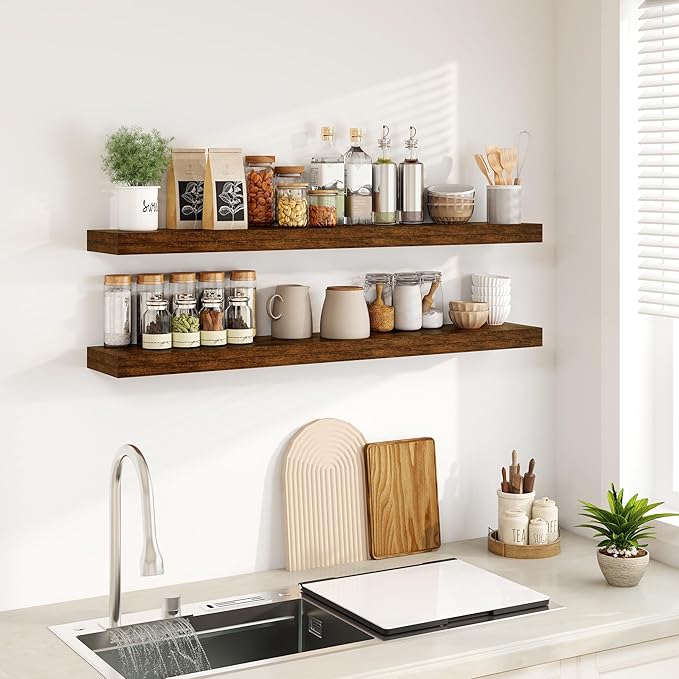 Fun Memories Floating Shelves for Wall, 48Inch Floating Shelves Set of 2, Hanging Shelf with Invisible Brackets, Wood Shelves for Living Room, Bedroom, Kitchen, Brown