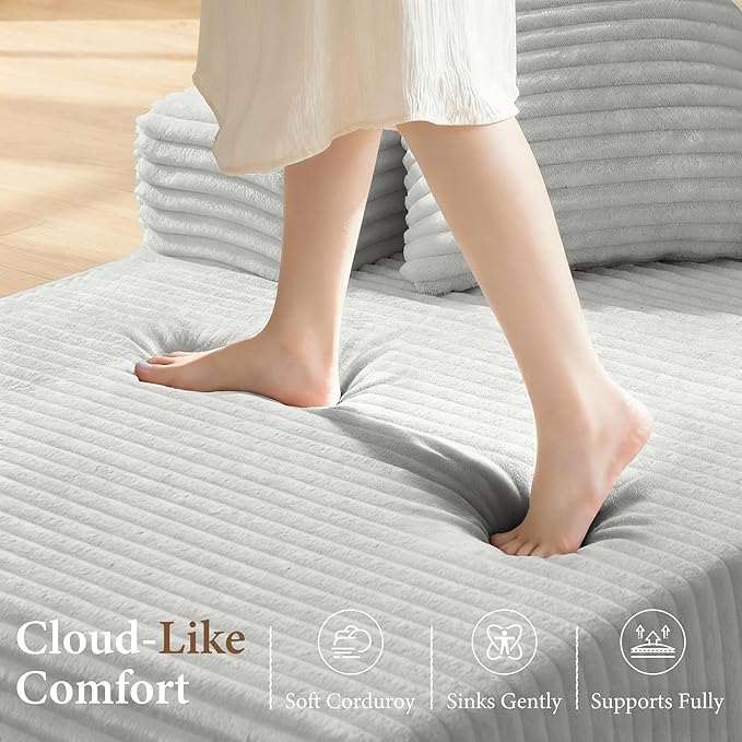 133" Couches for Living Room Deep-Seat Sectional Couch for Living Room Corduroy Boneless Couchs U-Shape Cloud Couch Flexible Modular Sectional Sofa with Chaise Lounge (Light Gray, with Cup Holder)