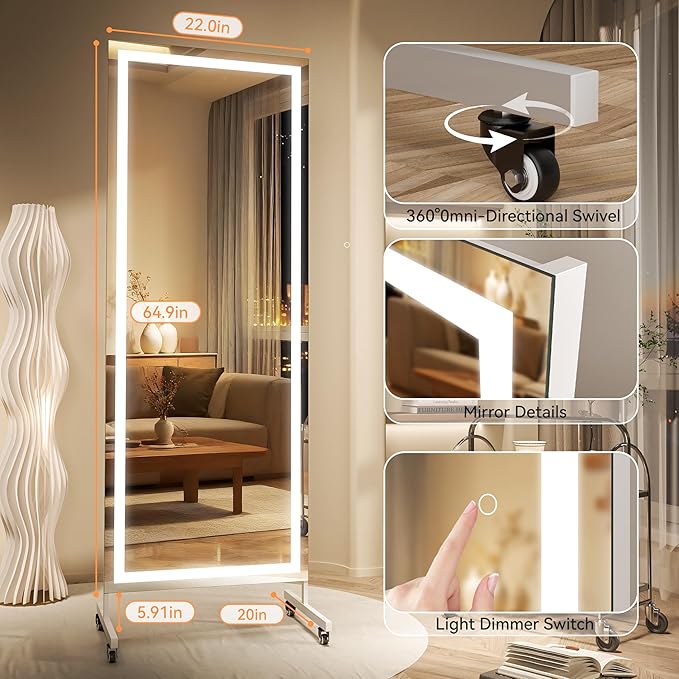 Hasipu Home Gym Mirror with Light 360° Swivel on Wheels, 65" x 22" Extra Large Full Length Rolling LED Mirror for Yoga Studio, Bedroom, Dancing Studio, White