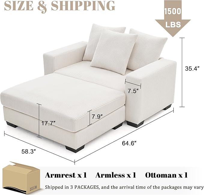 58.3" Oversized Chaise Lounge Indoor for Living Room, Solid Wood Comfy Sleeper Reclining Sofa with Thickened Cushions Widened Armrests for Bedroom, Deep Seat Lounge Sofa with Ottoman, Beige