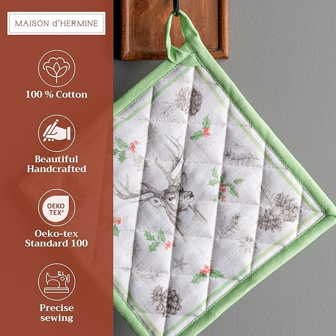 Maison d' Hermine Pot Holders 100% Cotton Heat Resistant Potholders 8" x 8" Hot Pads with Loop for Thanksgiving Christmas Decorations BBQ Cooking Baking Handling Hot Pans (Pack of 1, Christmas Dew)