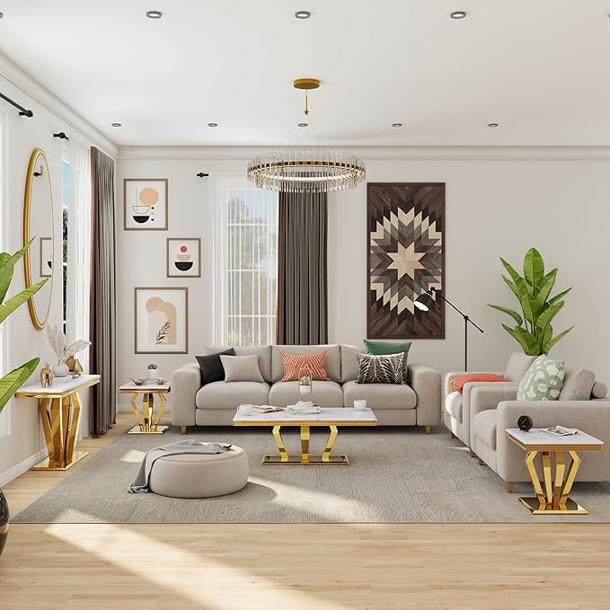 Coffee Table Set, 48 inches Modern Gold Coffee Table with 4 Geometric Polished Bases and Rectangular Gold Console Table with White Top for Living Room (Coffee Table + Console Table)