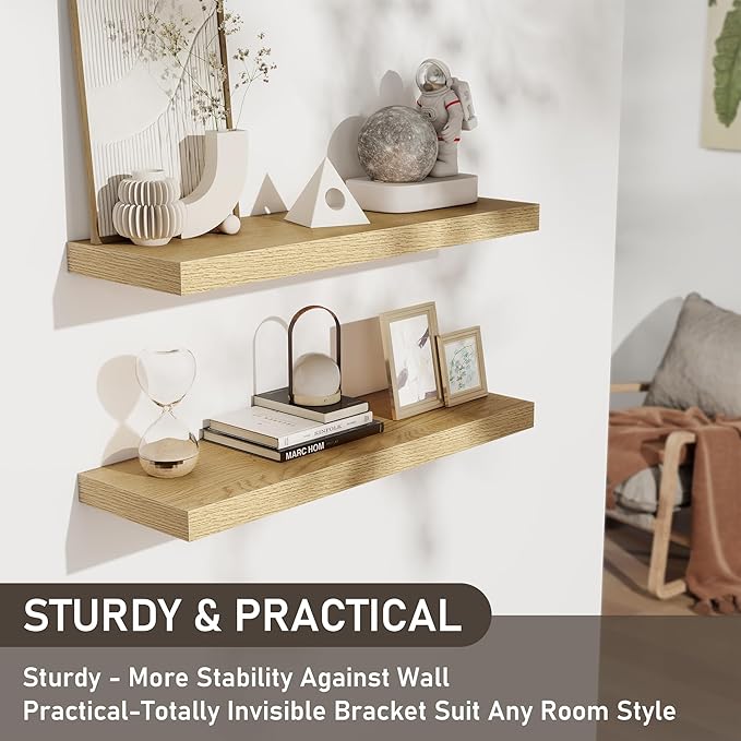 Fun Memories Floating Shelves - 2 Pack 30 Inch Long Rustic Wooden Wall Shelves - 8 Inch Deep Wall Mounted Storage Shelf with Invisible Heavy-Duty Brackets for Books, Bathroom, Kitchen - Oak