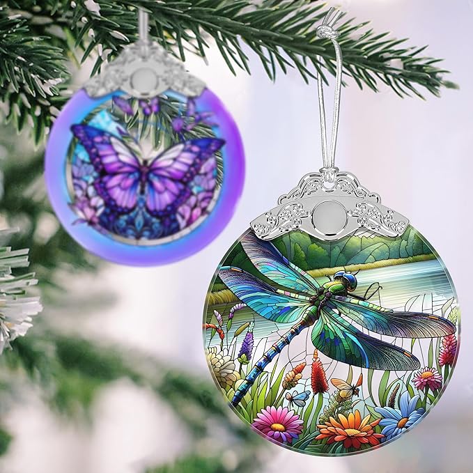 Dragonfly Stained Glass Christmas Ornament - Holiday Tree Decoration, Home Decor, Gift Idea With Wildflower Design