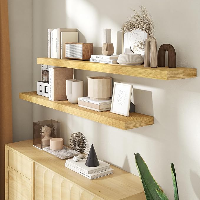 55 Inch Floating Shelves for Wall, 8 Inch Deep Floating Shelf for Storage & Display, Rustic Wall Mounted Shelf with Invisible Brackets for Living Room, Kitchen, Bathroom, Home Decor, Set of 2, Oak