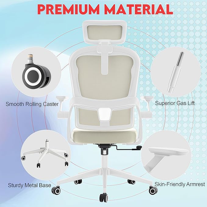 Ergonomic Office Chair - 400LB Comfy Desk Chairs with Adjustable Headrest and Lumbar Back Support, Mesh Computer Chairs with Wheels and Arms for Home Office, Study, Bedroom and Dorm (01khaki)