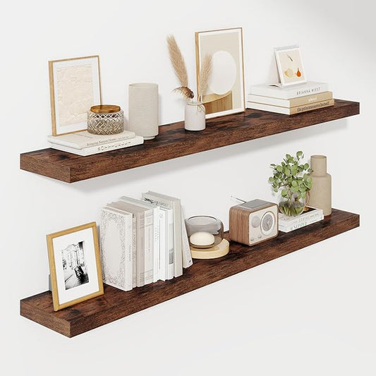 Fun Memories 55 Inch Floating Shelves for Wall, Fireplace Mantel Shelf with Invisible Heavy Duty Bracket, 8 Inch Deep Storage Shelf for Living Room, Kitchen, Farmhouse, Brown (2-Pack)