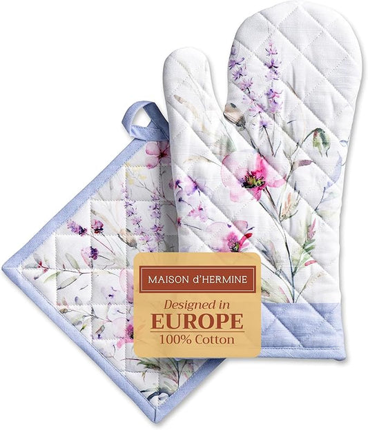 Maison d' Hermine 100% Cotton Oven Mitt & Pot Holder Set (7.5"x13" & 8"x8") Heat Resistant BBQ Cooking Gloves with Loop, Baking, Grilling, Kitchen, Handling Hot Pans Spring/Summer (Summer Floral)