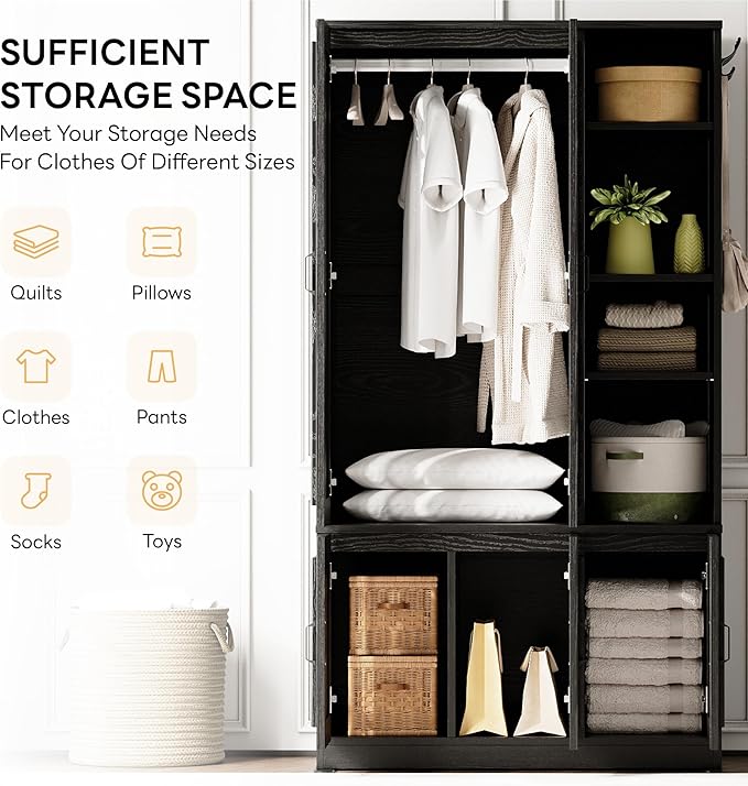 LIKIMIO Armoire Wardrobe Closet 70" H, 5 Doors Bedroom Wooden Wardrobe with 4 Storage Shelves and Hanging Rod, Clothing Storage Cabinet Organizer Combination, Black