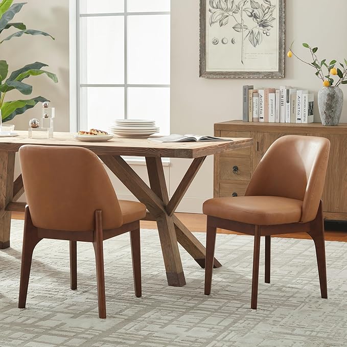 VKNOW Modern Dining Chairs Set of 2, Faux Leather Kitchen Chairs with Wood Legs, Upholstered Side Chair for Kitchen Dining Room, Brown