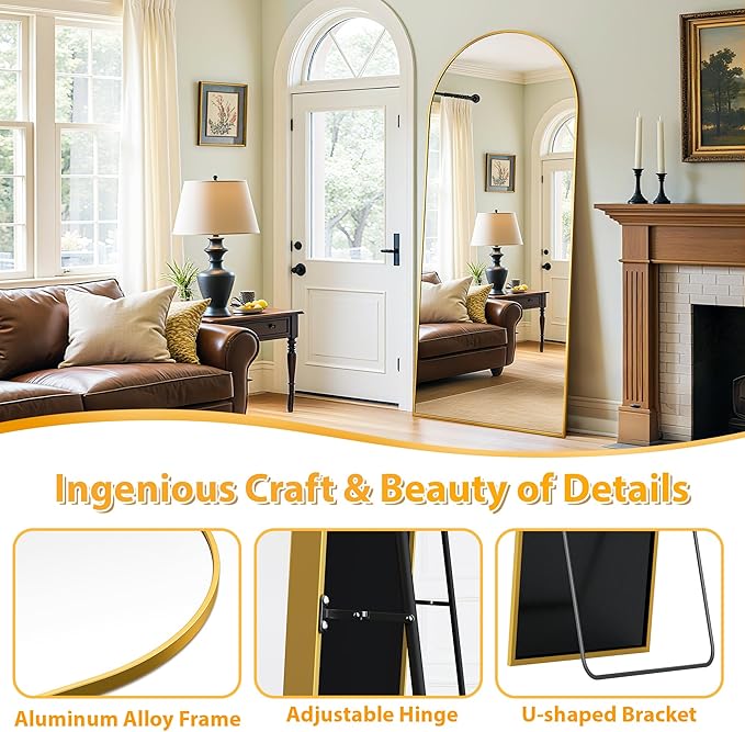 Full Length Mirror, 65"x22" Oversized Floor Mirror Freestanding, Full Body Mirror Floor Standing Mirrors with Stand, Hanging Mounted Mirrors for Bedroom Living Room, Gold, Arched Style