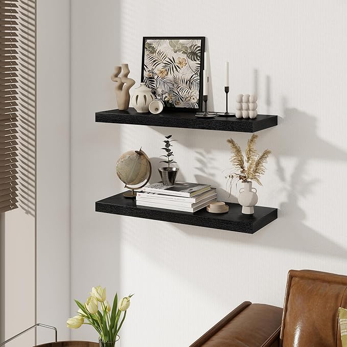 Black Floating Shelves for Wall, 27.5 Inch Bathroom Shelves Set of 2, Rustic Wood Wall Shelf with Invisible Brackets for Books|Storage|Decor, 8 Inch Deep Floating Shelf for Bedroom|Kitchen