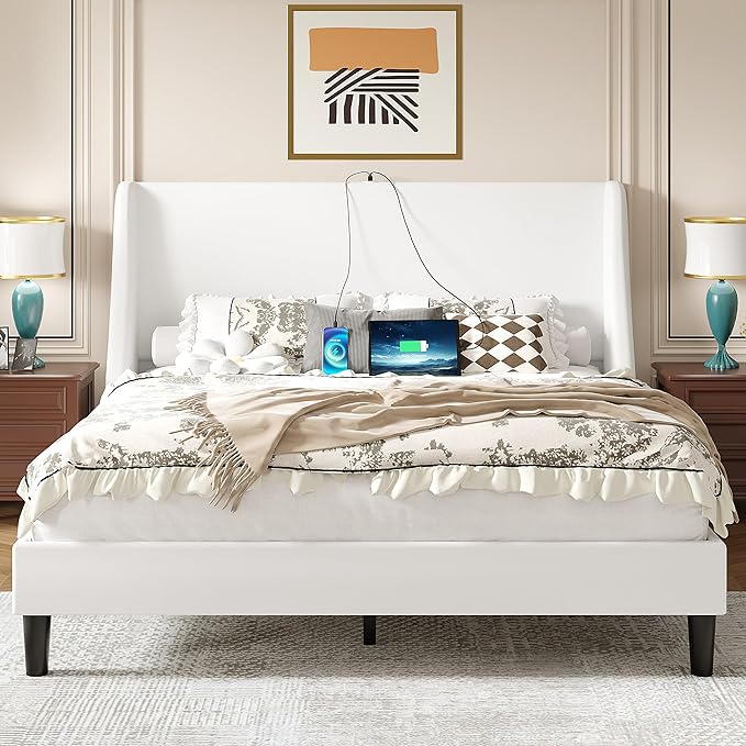 VECELO Full Bed Frame with Upholstered Wingback Headboard, Heavy-Duty Platform Bedframe with Charging Station, Wooden Slats, No Box Spring Needed, White