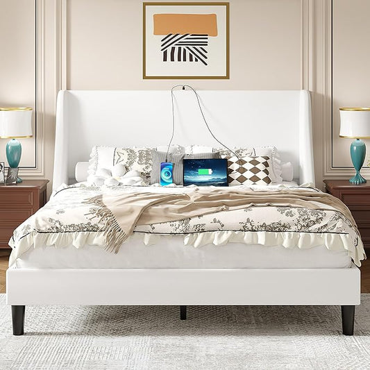 VECELO Queen Bed Frame with Upholstered Wingback Headboard, Heavy-Duty Platform Bedframe with Charging Station, Wooden Slats, No Box Spring Needed, White