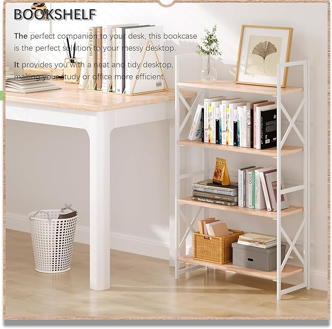 4NM 4 Tiers No Assembly Book Shelves, 41.3" H Folding Bookshelf Bookcase Open Industrial Foldable Shelves for Bedroom, Living Room, Home Office - Natural White
