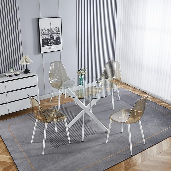 36" Round Dining Table for 4, Modern Clear Glass Kitchen Table for 4 with White X Metal Legs, Contemporary Small Circle Dining Room Leisure Tables for Kitchen Apartment