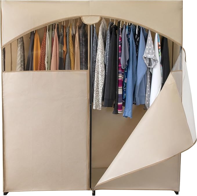 HOLDN’ STORAGE Portable Wardrobe Closet - 65 lb Large Capacity, Internal Heavy Duty Metal Rod, Zipper & Clear Window, Durable Clothes Organizer, Tool-Free Easy Assembly, Beige Canvas Cover