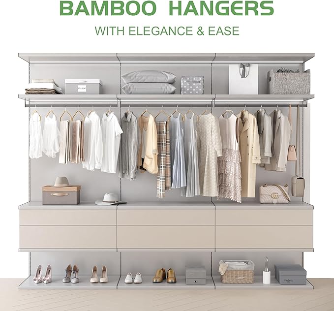 Bamboo Hangers - 50 Pack Slim Coat Hangers - 360-Degree Rotatable Hook, Suitable for Clothes, Jacket, Shirt, Tank Top, Pant (Natural, 50)