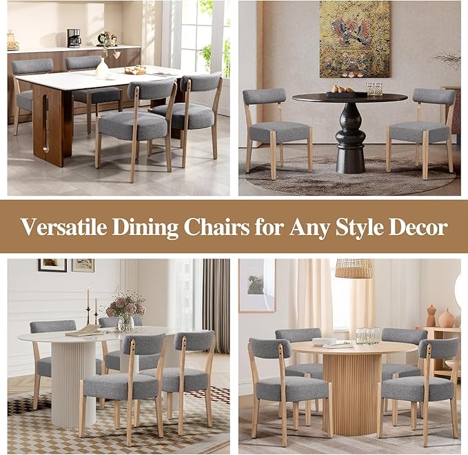 Dining Chairs Set of 4,Mid-Century Modern Wooden Kitchen Chairs with Linen Upholstery - Low-Back Woven Design for Kitchen & Dining Room,Grey Fabric