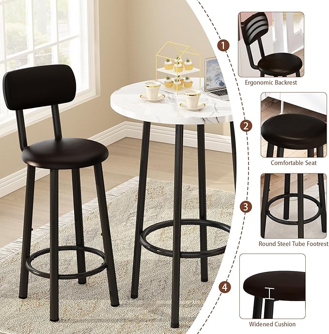 DKLGG Dining Table Set for 2 - 24" Round Kitchen Table With MDF Tabletop & 2 PU Leather Chairs, Bar Pub Set for Small Space Kitchen Living Room Apartment, White