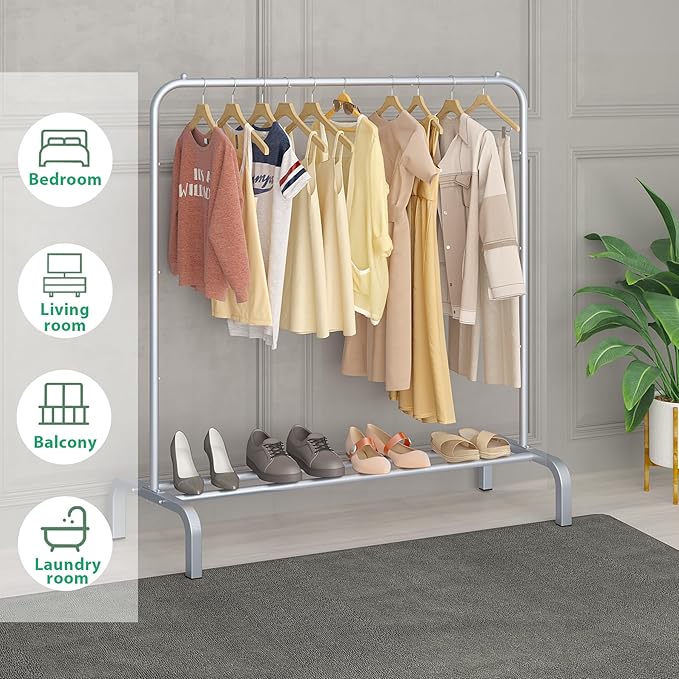 JIUYOTREE Metal Clothing Rack 43.3 Inches Clothes Garment Coat Rack with Bottom Shelf Clothing Rack for Hanging Clothes Coats Skirts Shirts Sweaters Silver Gray