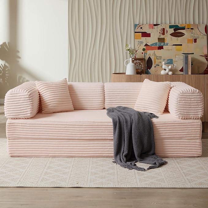 Boneless Couch Sofa Bed Sectional Couches for Living Room,Futon Cloud Couch with Sleeper Sofa,Sofas for Living Room Oversized Corduroy Upholstered (Pink)
