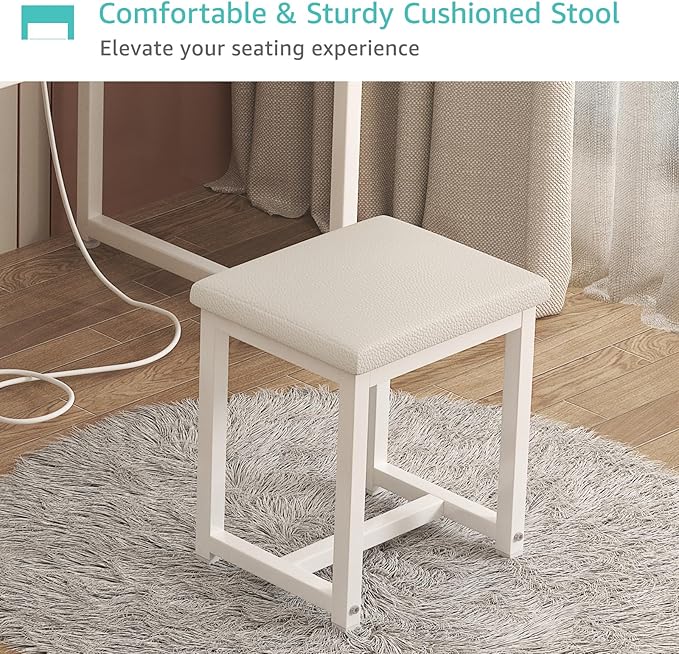 White Makeup Vanity Desk with Mirror and Lights, Vanity Set with Chair, Make Up Dresser Table with Drawers and Power Outlet for Girls Bedroom Small Space