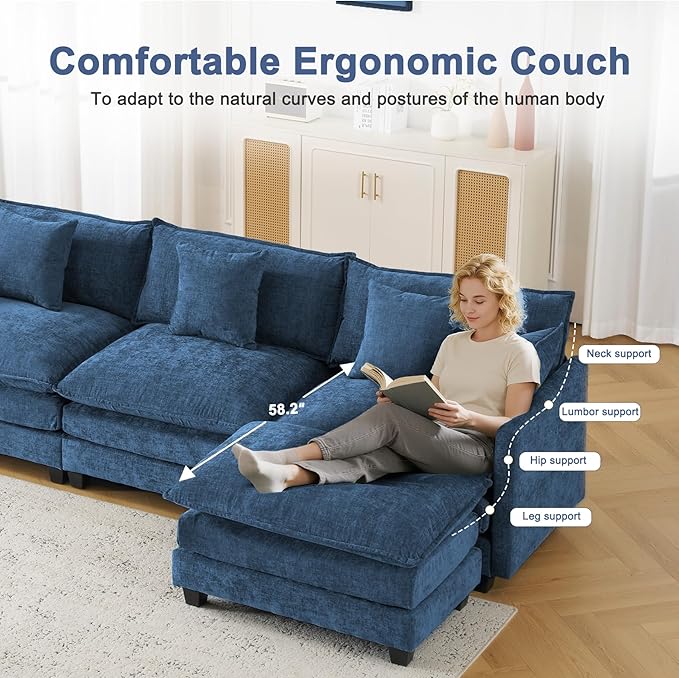 111.4" Cloud L Shaped Sectional Couch with Ottoman｜Modular Chenille Sofa with 29.1" Deep Seat｜FSC Solid Wood Frame｜Easy Assembly & 1YR Guarantee｜for Living Room Bedroom Apartment