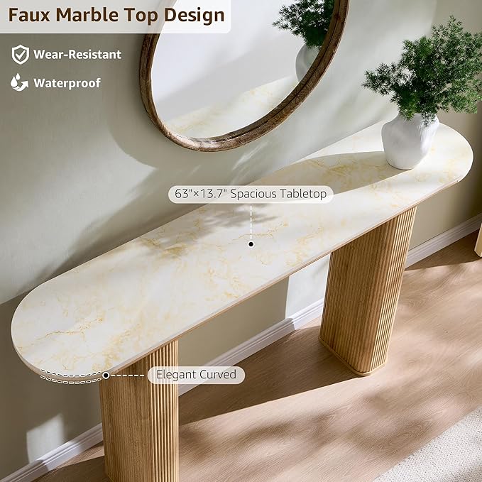 OKD 63 Inch Modern Console Table with Arc Black Marble Texture Top, Fluted Wood Base, Contemporary Entryway Sofa Table for Living Room, Hallway, Foyer, Natural Oak