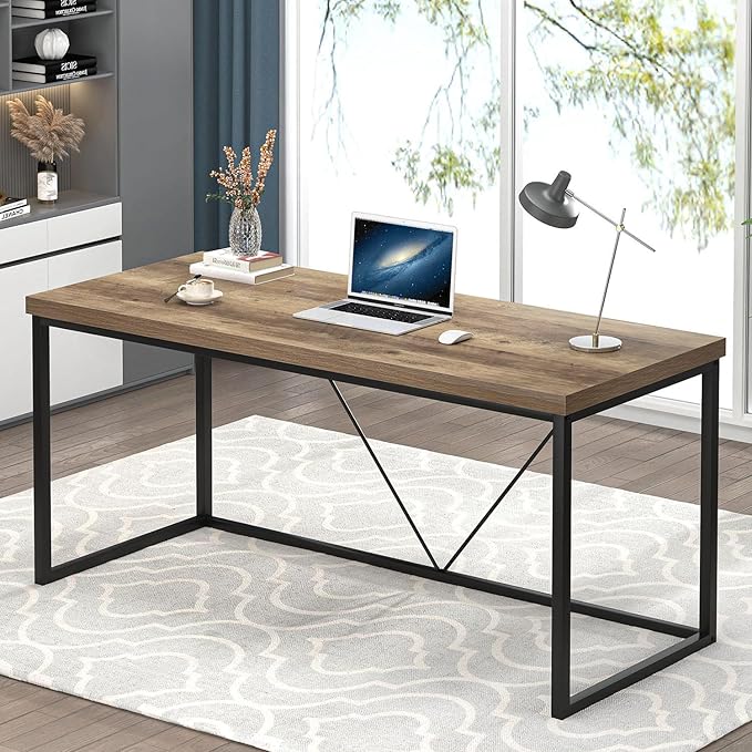 FOLUBAN Industrial Computer Desk, Rustic Wood and Metal Writing Desk, Vintage PC Table for Home Office, Oak 60 inch