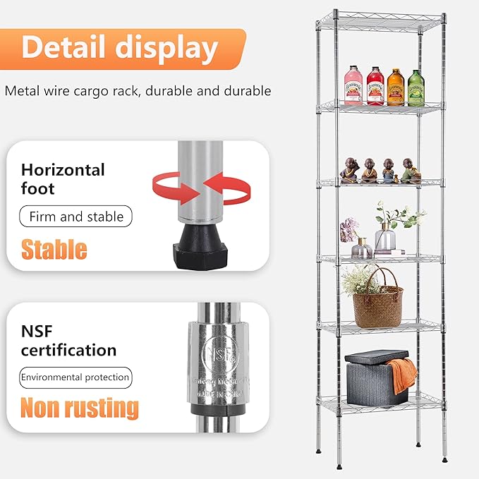 FDW 6 Tier Wire Shelving 17L x 12W x 64H Pantry Shelves Storage Rack Shelving Units Adjustable Metal Shelves for Kitchen Commercial Garage Small Places,Chrome