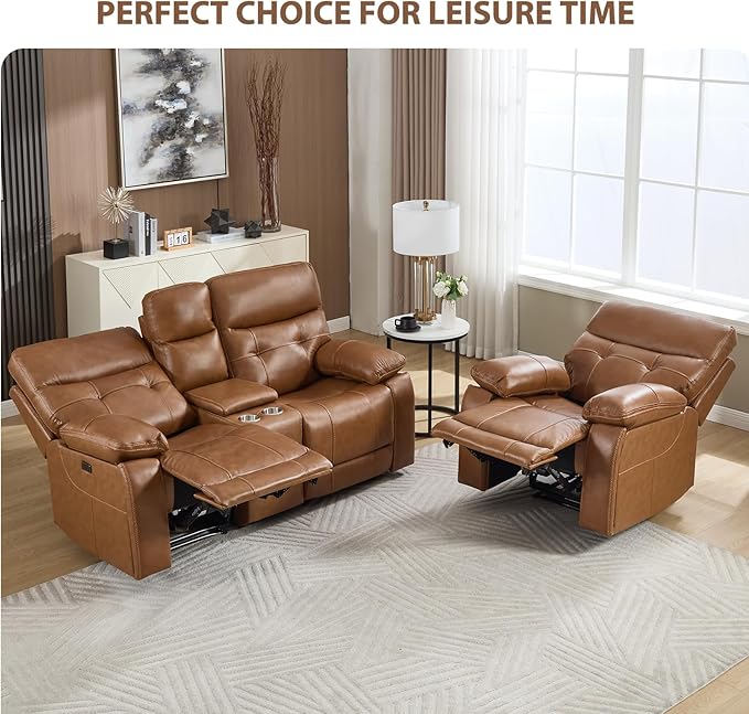 CANMOV Genuine Leather Power Recliner Sofa Set, Power Recliner Chair and Loveseat Set, 2 Pieces Leather Couch with Storage Console, USB Ports, Cup Holders for Living Room,Brown
