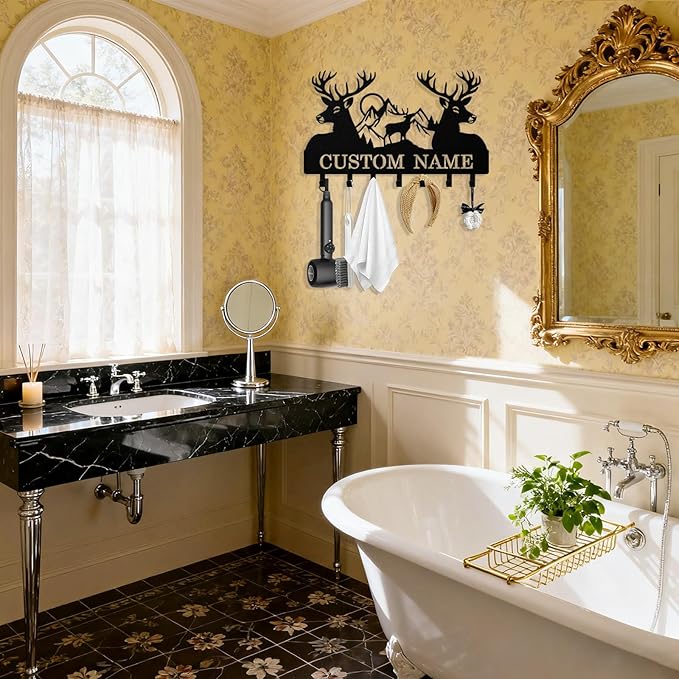 Personalized Deer Key Holder Wall Mount, Custom Metal Keys Hanger for Wall with Name, Custom Key Rack Holder with Hooks for Entryway, Front Door, Hallway, Living Room, Kitchen