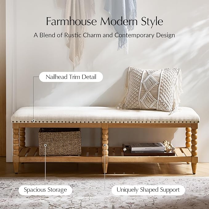 HULALA HOME Farmhouse Entryway Bench, 58" Fabric Bed Bench with Shelf, Solid Spindle Legs, Nailhead Trim Detail for Bedroom, Living Room, Hallway, Ivory