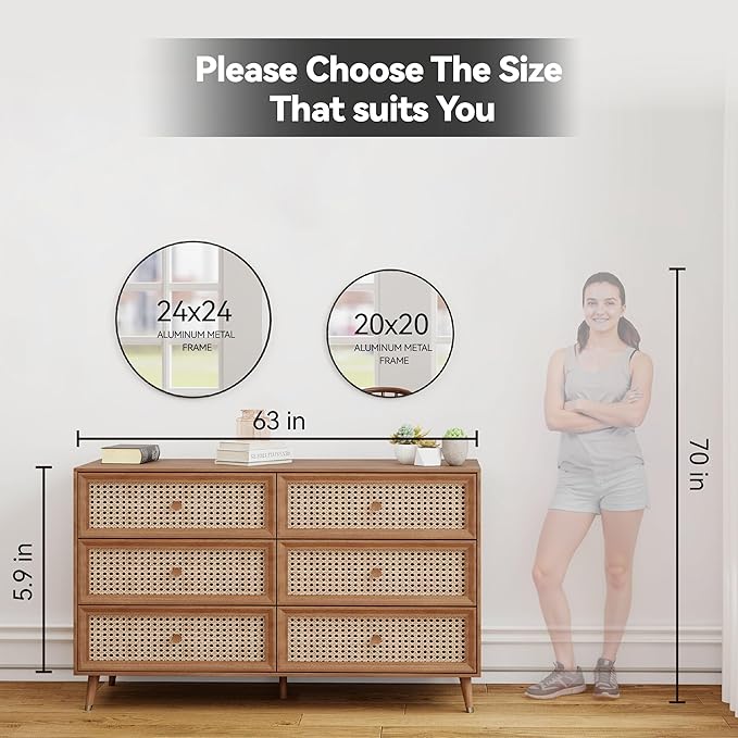 20" Round Mirror Circle Wall Mounted Hanging or Against Wall Metal Frame Dressing Make-up Mirrors for Entryway Bedroom Bathroom Living Room 20 inch Black