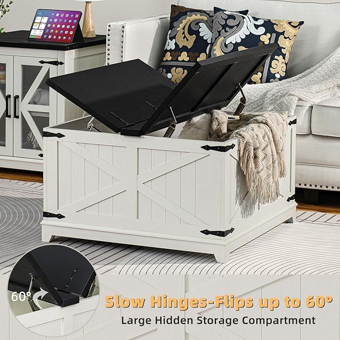 Farmhouse Coffee Table Sets 2 Pieces, Narrow Night Stand with Glass Barn Door Storage, Large Coffee Tables with Hidden Storage Organizer, Wood Furniture Sets for Living Room, Office, White