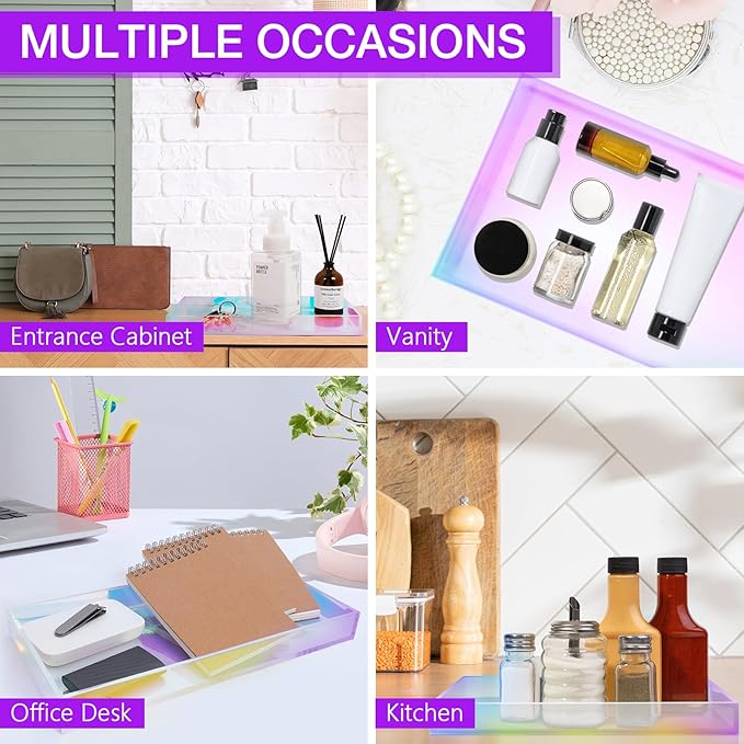 Acrylic Tray Iridescent 5mm Thicken 12x6'' - Vanity Makeup, Perfume, Jewelry Holder, Napkin, 12x6'' Decorative Serving Tray for Bathroom, Toilet Tank, Sink Countertop, Living Room,Dresser,Wedding