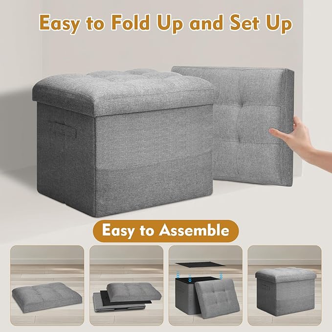 Storage Ottoman Foot Rest, Folding Linen Foot Stool with Thicker Foam Padded Seat. Small Ottoman with Storage Bench for Bedroom Living Room, Holds Up to 300 lbs, 17x13x13IN (Light Gray)