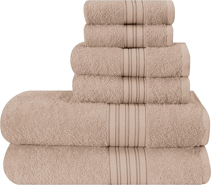 BOUTIQUO 6 Pack Cotton Towel Set, Contains 2 Bath Towels 28x55 inch, 2 Hand Towels 16x24 inch & 2 Wash Coths 12x12 inch, Ideal Everyday use, Ultra Soft Compact & Lightweight - Tan