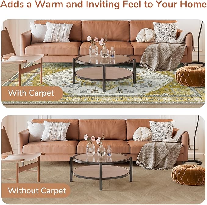 OPPODREAM Thin Area Rugs 5x7, 5x7 Washable Rug with Non Slip Backing, 5 x 7 Faux Cashmere Low-Pile Carpet, Yellow